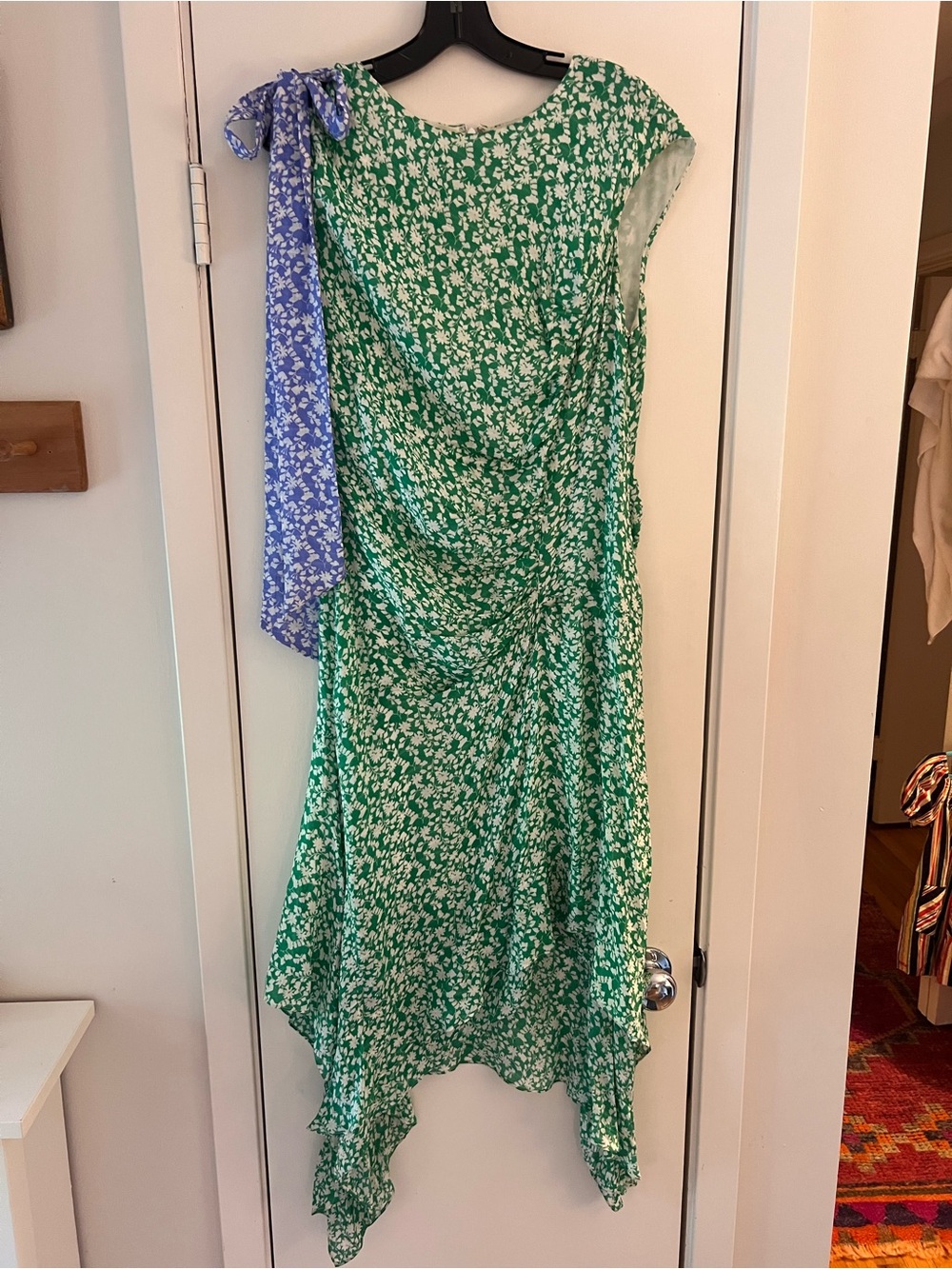 Tanya Taylor Green Silk Asymmetrical Floral Dress - M